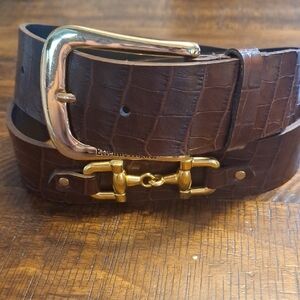 Etienne Aigner Brown Croco Embossed Faux Belt with 3 Horsebite Buckles Sections
